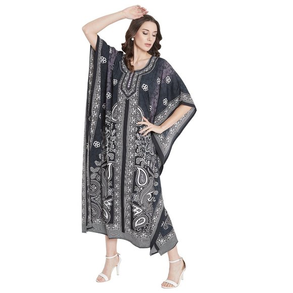 Women Plus Size Fit and Flare Paisley Printed Black Kaftan Dress by Gypsie Blu - Picture 3 of 9